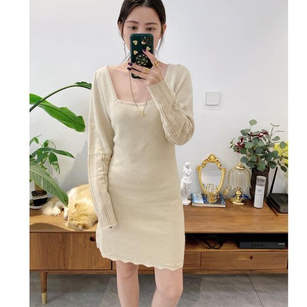 

casual dresses women dress 2021 autumn and winter square neck woolen long sleeve knitted mini, Black;gray