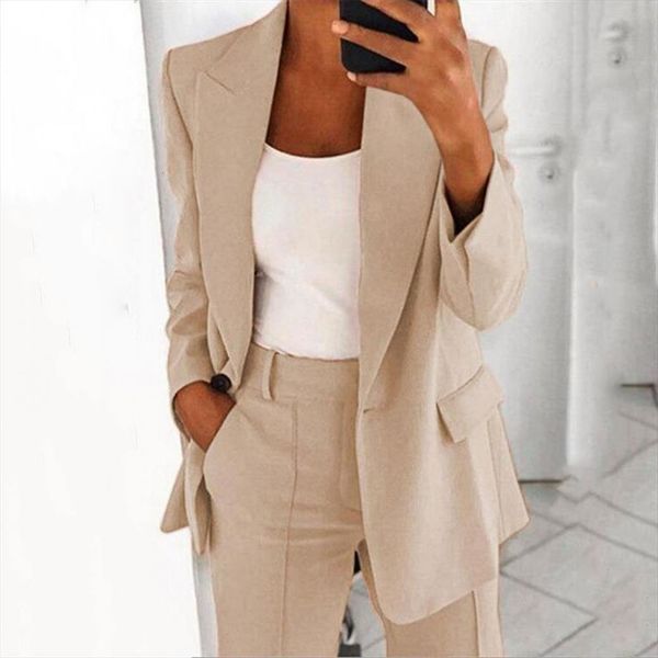 

suit jacket solid color turndown womens pants collar long sleeve buttons blazer fashion blazers casuual suits, White