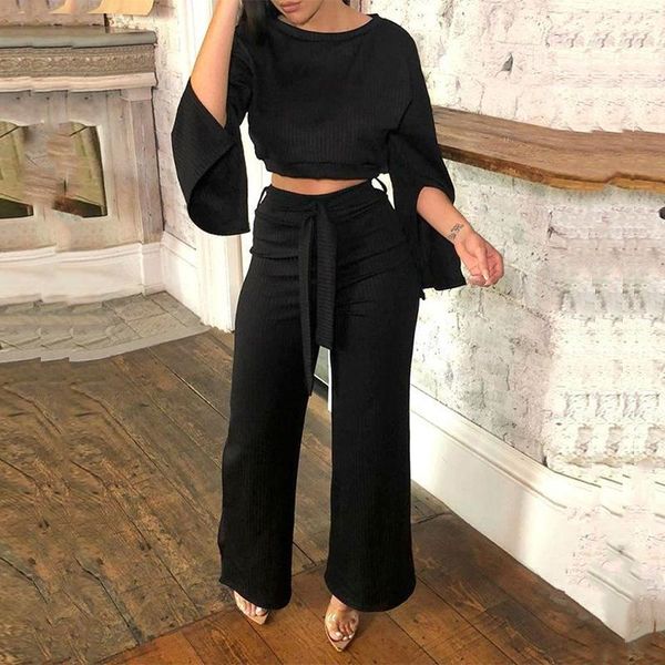 

women's two piece pants elegant fashion sets for women autumn casual long sleeve and wide leg suits ladies 2022 spring outfits, White