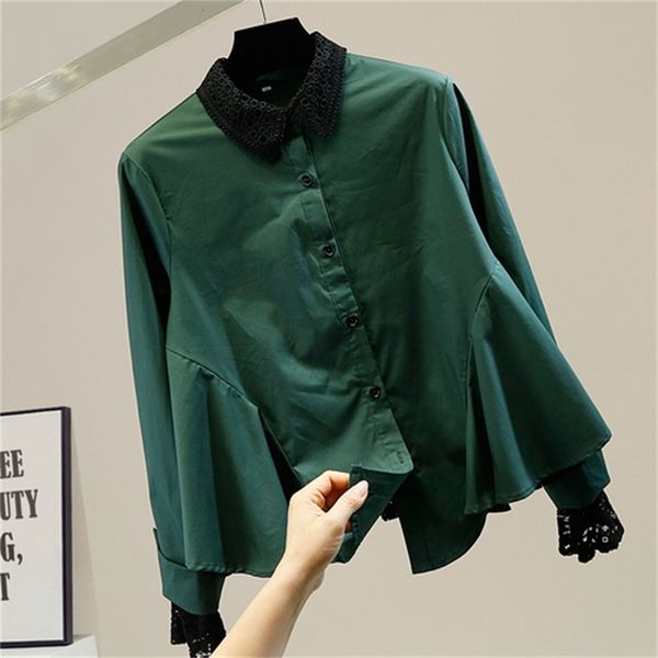 

undesirable lace blouse white lapels plied single-breasted female plissate shirt all-match solid color vh8k, Black