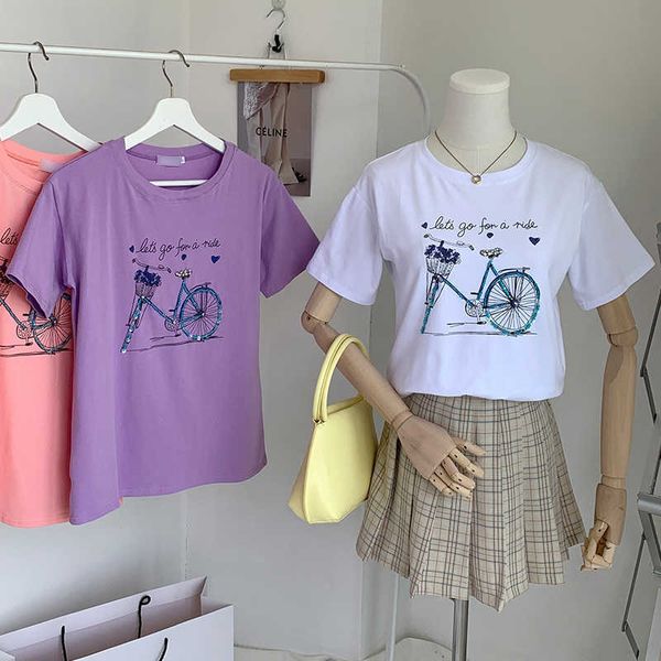 

tees tshirt cotton korean style t-shirt beading print pink bike t shirt summer short sleeve women white women clothes 210604