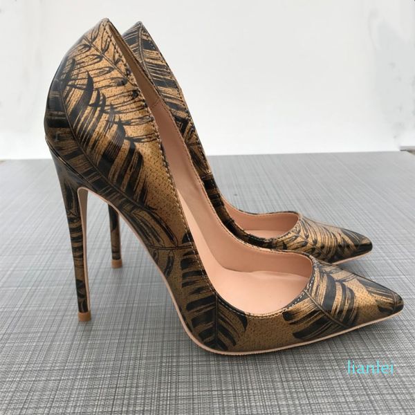Nuove scarpe col tacco alto con foglie di banana stampate in bronzo in Europa e in America Sexy Night Club da 12 cm