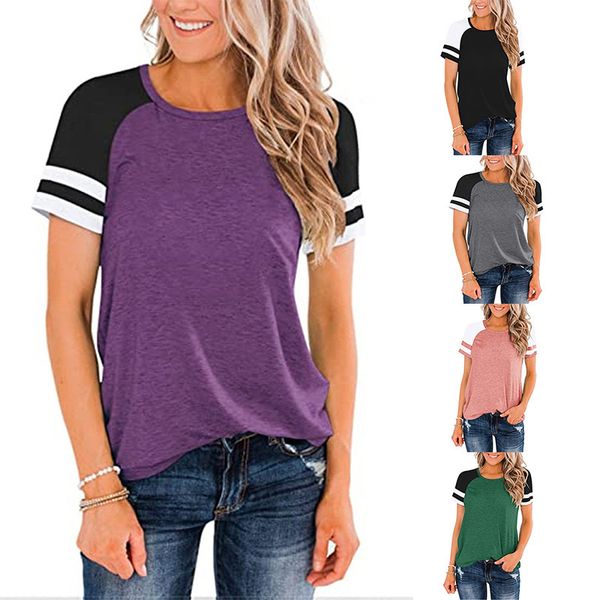 

2021 spring and summer new women's solid color round neck splicing short sleeve t-shirt for women, White