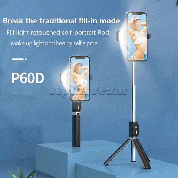 2021 P60D mais novo Selfie Stick Tripé Luz Completa Extensível Sem Fio Bluetooth Selfie Stick Tripod Para iPhone 12/11 Android Phone