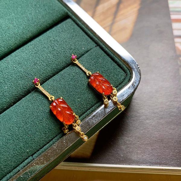 

dangle & chandelier designer original red chalcedony leaf earrings diamond-studded ladies exquisite elegant silver jewelry