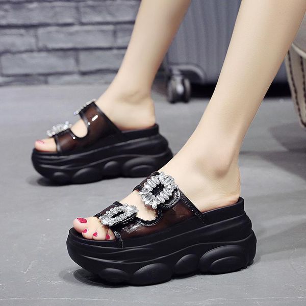 

sandals transparent square rhinestone buckle belt platform women beach thick cut-out slippers glitter crystal height wedge shoes, Black