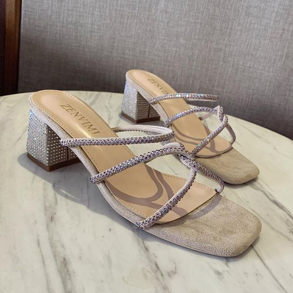 

spring and summer 2021 new rhinestone square head thick heel high heel female slippers ladies sandals single shoes, Black