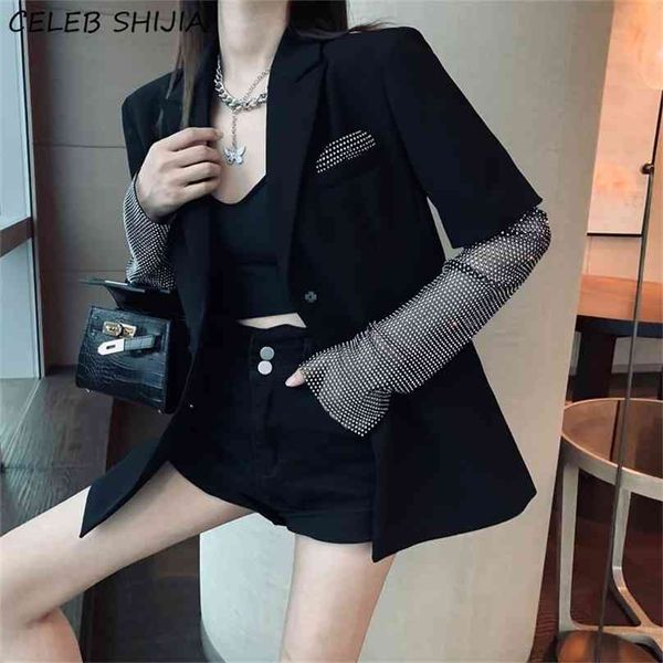 

streetwear black blazer women jacket diamond bling sleeve notched collar chic coats female clothes spring autumn women's 210603, White;black
