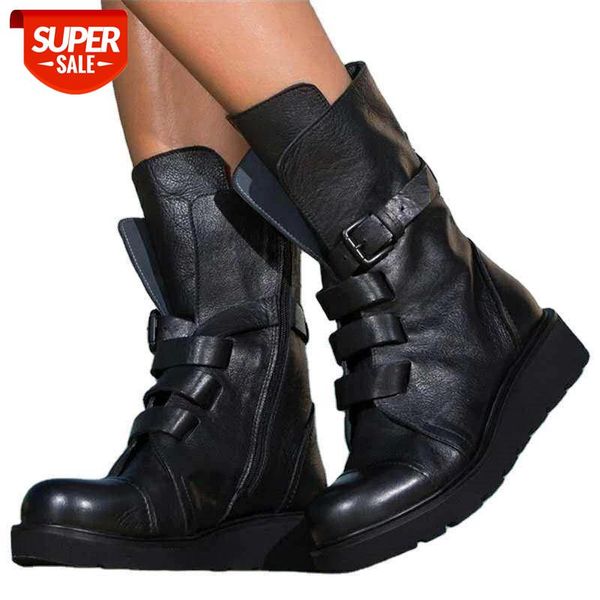 

women boots mid calf designer shoes women buckle motorcycle boots winter shoes pu leather female botines mujer #to5g, Black