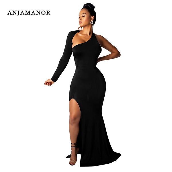 

party dresses for women solid one shoulder backless long sleeve high split maxi dress black red blue d53-cc32, Black;gray