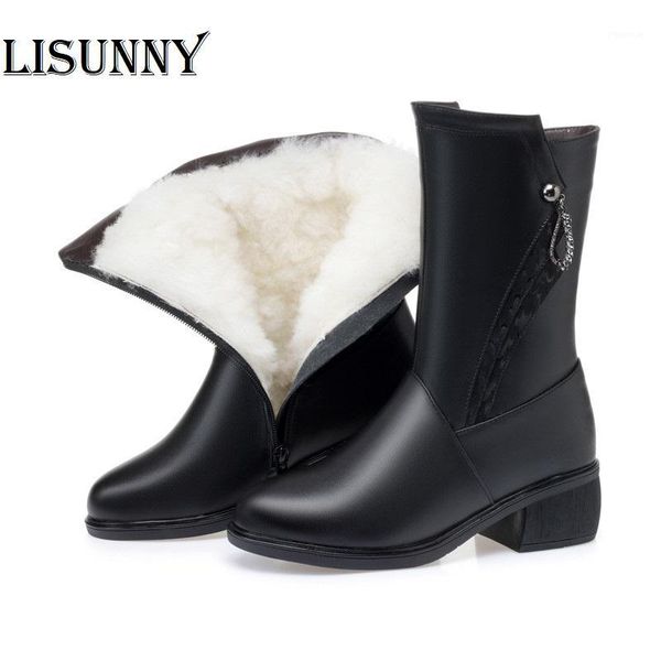 

boots snow women long genuine leather shoes winter warm wool half large size footwear1, Black