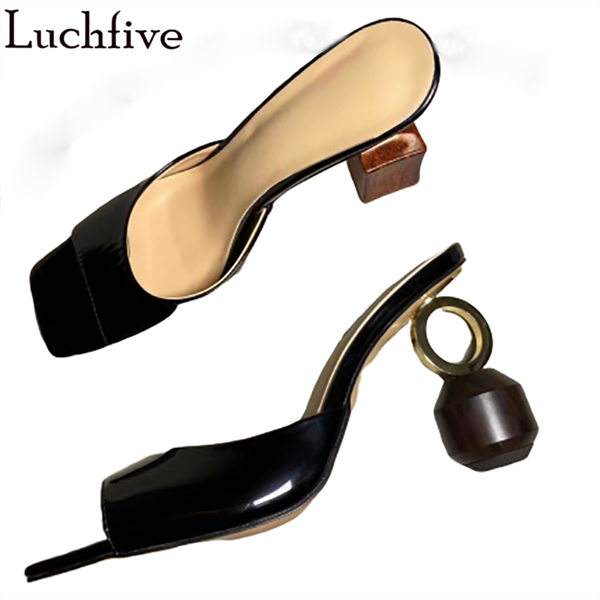 

slippers asymmetric heel women peep toe leather shoes woman slip on party big size black zapatos mujer