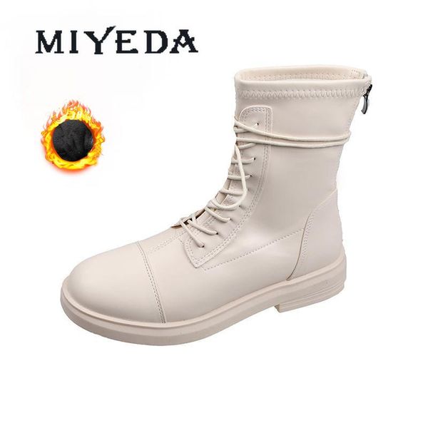 

boots miyeda lace-up black ankle round toe women fashion winter warm low heels brown short ladies shoes pu leather