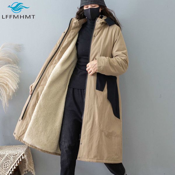 

2021 new winter fashion long sleeve korea style large size fleece women coat female thick warm hooded jacket office lady patchwork trench 4n, Black