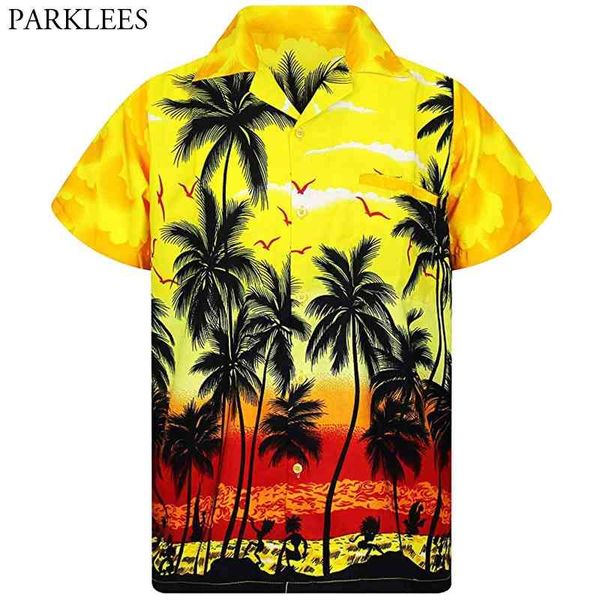 Amarelo Hawaiian Beach Camisa Homens Verão Moda Palmeira Impresso Mens Tropical Aloha Camisas Férias Chemise Home 210721