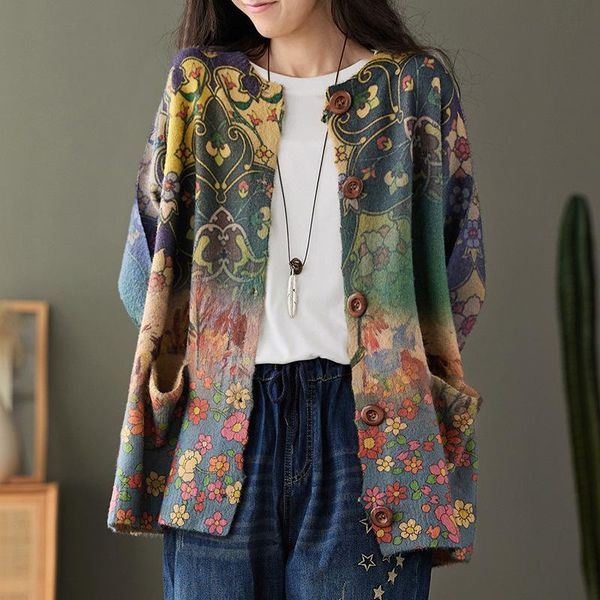 

women's knits & tees 2021 autumn vintage floral printed knitted sweater women o-neck collar full sleeve open stitch female wild, White