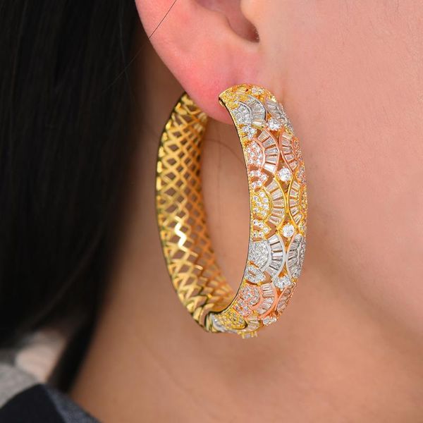 

hoop & huggie kellybola luxury 3 tone cz office style earrings exquisite professional women's jewelry accessories, Golden;silver