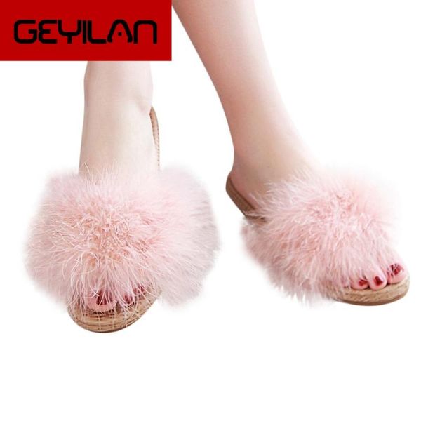 

slippers real fur women home fluffy sliders with feathers furry summer flats sweet ladies shoes large size pantufas, Black