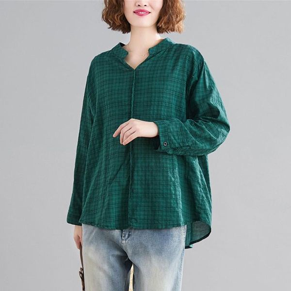 

women's blouses & shirts oversized women cotton linen arrival 2021 autumn vintage style plaid v-neck loose female casual s2710, White
