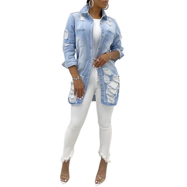 

women's jackets 2021 autumn hole tassel denim women wash long sleeve jean jacket vintage casual ladies slim jeans coat plus size sj6444, Black;brown