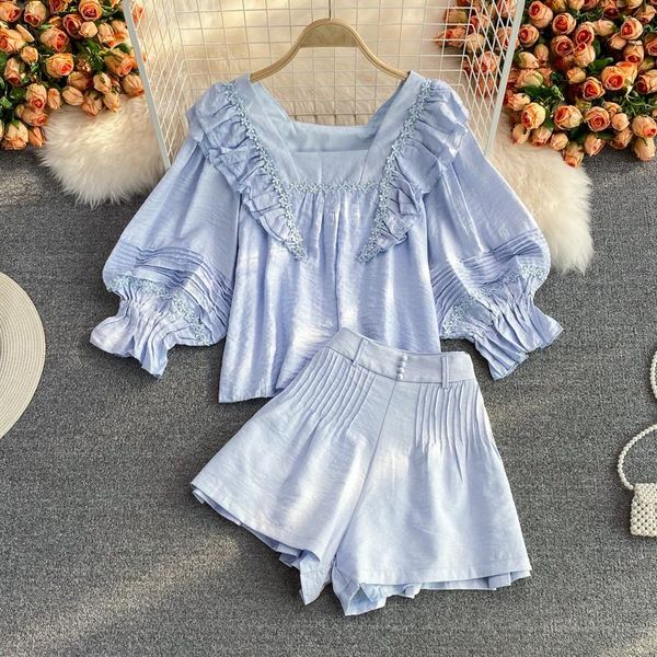 

women's tracksuits autumn french sweet two piece set women holiday lantern sleeve ruffle shirt blouse + wide leg shorts suits ladies ka, Gray