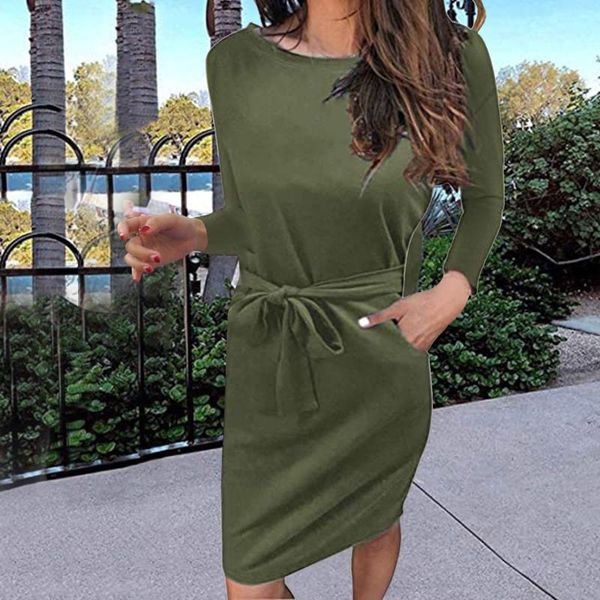 

casual dresses 40# solid color office lady dress women round neck long sleeve bandage loose elegant pocket commuting vestidos, Black;gray