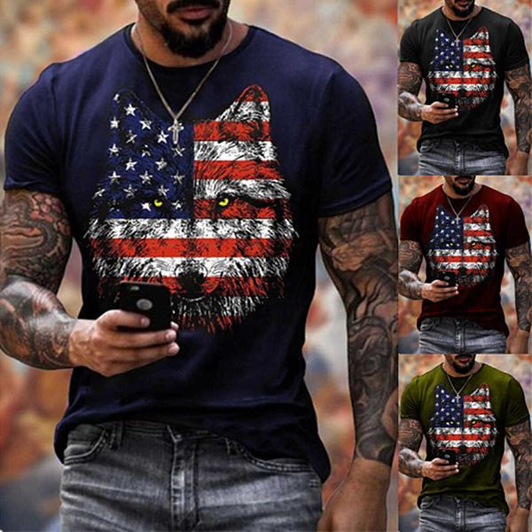 

men's 2021 youth slim round neck flag wolf head printed t-shirt, White;black