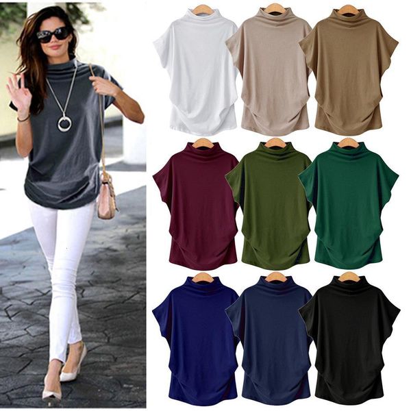 

dropshipping women summer short batwing sleeve tshirt ladies solid black turtleneck cotton plus size streetwear t shirt, White
