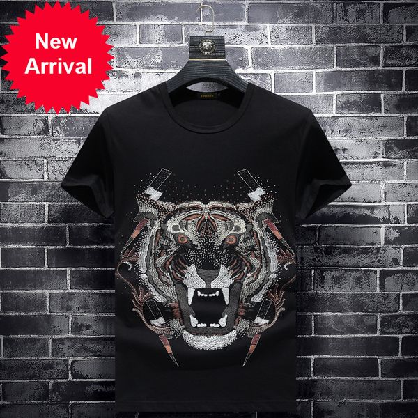 

2021 Tiger Rhinestones T-shirts Short-sleeve Men Fashion Clothes Streetwear Modal Neck Fine Cotton Tshirts Jjl6, White;black