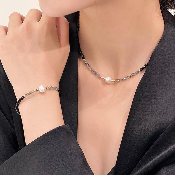 

chokers unique freshwater pearl pendant necklace for women crystal rhinestone natural stone chain strand bracelets, Golden;silver