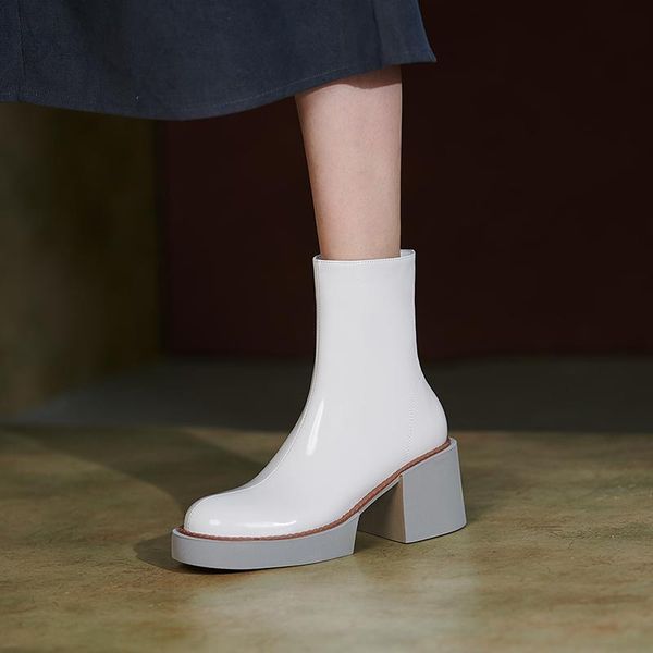 

boots 2021 white winter women shoes genuine leather platform chunky solid high heel, Black