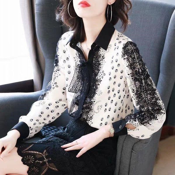 

women's polos fashion women long sleeve bow chiffon shirt spring 2021 turndown collar korean loose polka-dot lace top, White