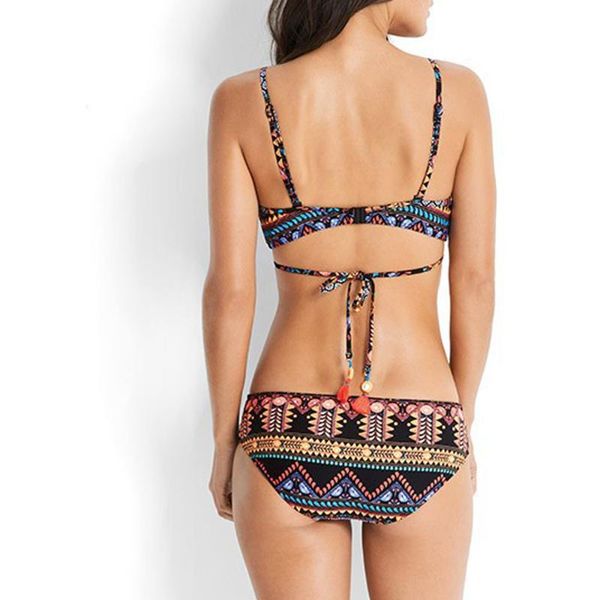 

women bohemian split bikini summer beach retro printing thickened bra beach bikini suit swimwear black swimwear new, White;black