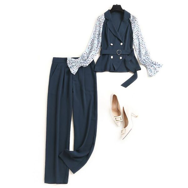 

high-end women's color block panel 2 piece set women 2021 autumn new polka dot shirt pencil pants two piece set f109, White