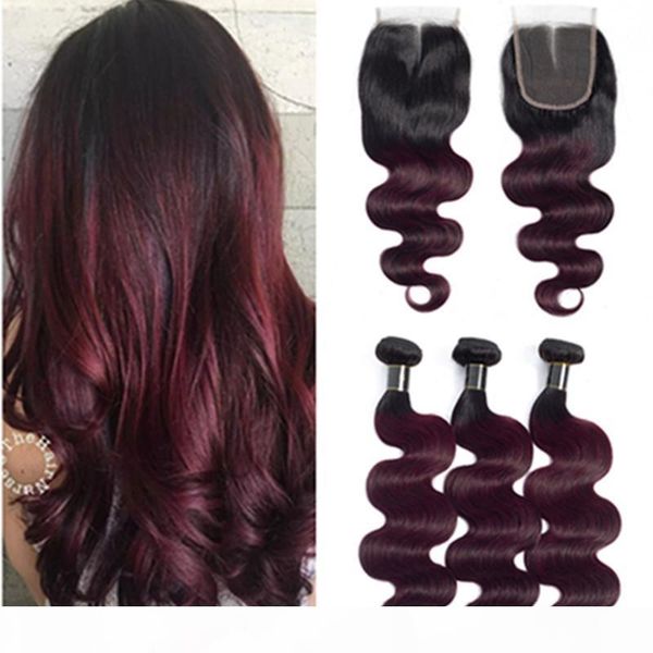 

#1b 99j wine red ombre body wave peruvian human hair weaves with lace closure 4x4 wavy burgundy ombre human hair 3bundles with closure, Black