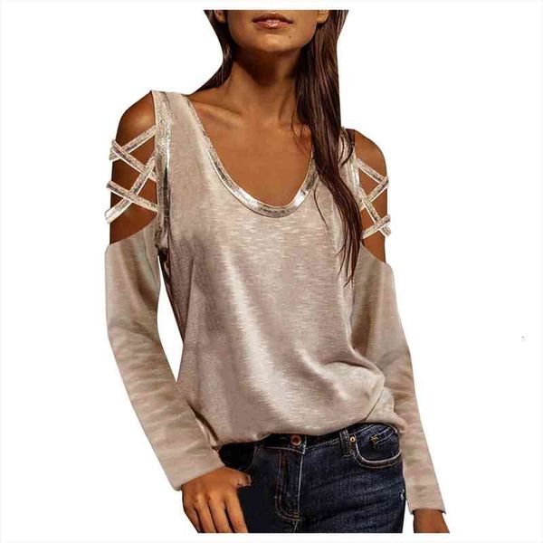 

cold shoulder solid color strapless women shirt hollow round neck back long sleeve office lady womens, White