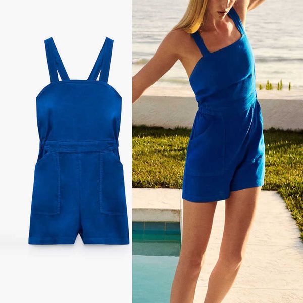 Za azul linho curto verão macacão mulheres mangas sem costas elástica cintura elástica sexy playsuit feminino patch bolsos playsuits 210602