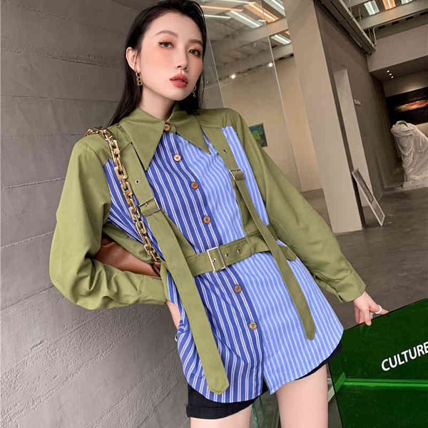 

women's blouses & shirts [ewq] korea chic spliced striped green blouse women spring autumn laple loose single breasted long sleeve shir, White