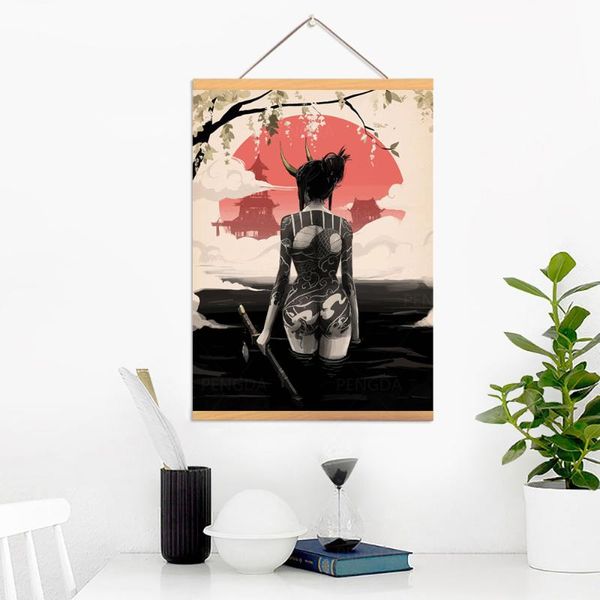

paintings canvas home decoration japanese vintage poster print pictures warrior wall art wooden scroll hanging painting bedside background
