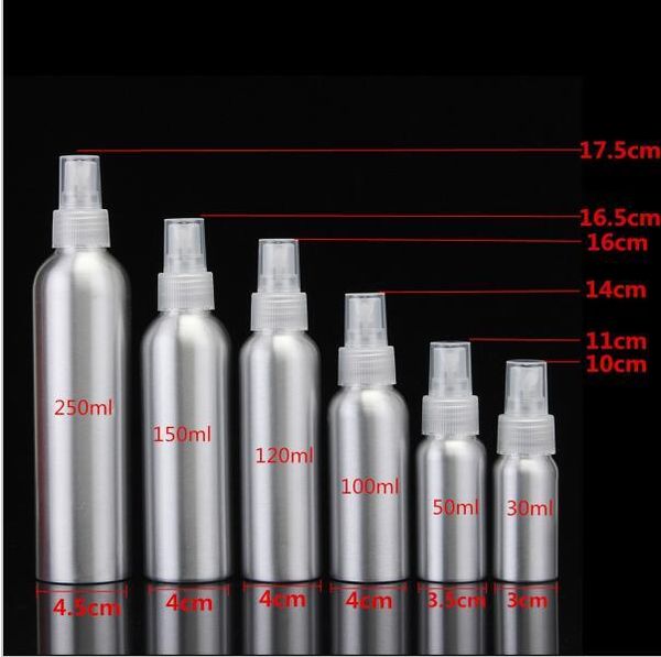 30 / 50/18/120 / 150 / 250ml Garrafa de pulverização de alumínio 100ml Fine névoa atomizador de perfume vazio frascos de pulverização de perfume cosmético recipiente de embalagens