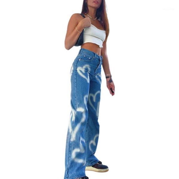 

vintage heart printed y2k baggy jeans women high waist harajuku aesthetic mom denim streetwear 90s trousers women's, Blue