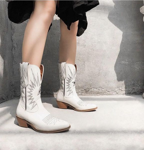 

boots heel short western cowboy net red embroidery thick women's autumn 2021 pointed leather knights', Black