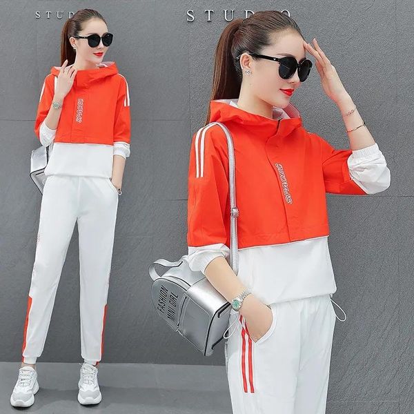 

women's two piece pants contrast color casual tracksuit women sets letter print hoodies pullover + elastic waist sweatpants suit female, White
