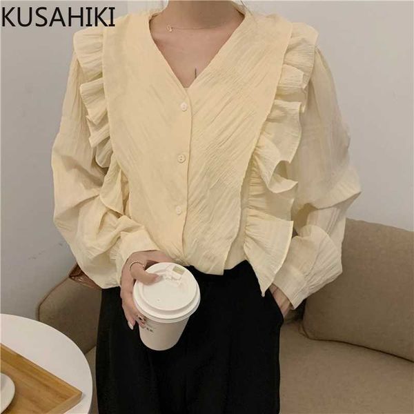 

women blouses korean ruffle patchwork casual shirt long sleeve v-neck spring blusas mujer de moda verano 6g746 210603, White