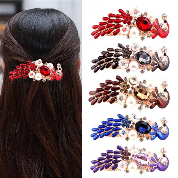 

hair clips & barrettes pinksee retro women girl colorful shiny crystal rhinestones peacock hairpin clip barrette bridal jewelry, Golden;silver