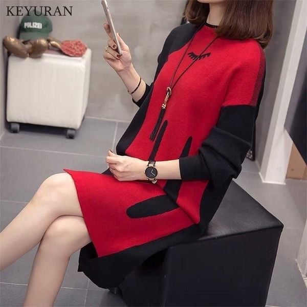 

plus size women long sleeve sweater dress 's irregular hem casual autumn winter o-neck loose knitted dresses 211220, Black;gray