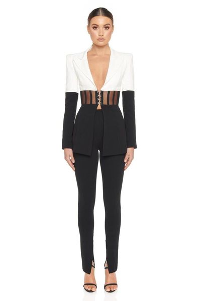 

women's two piece pants 2021 ladies' arirva women winter black and white v neck jacket trousers sets