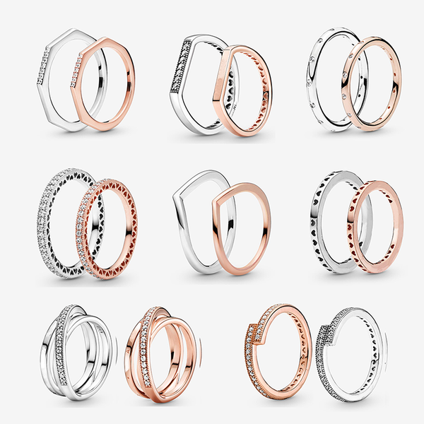 

cluster rings rose gold love pan-style 925 sterling silver ring for women zircon inlaid engagement couple matching wedding jewelry gift, Golden;silver