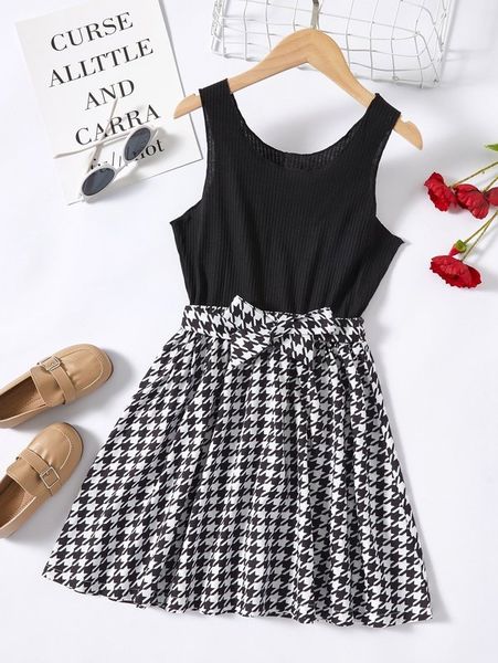 

girls houndstooth knot waist sleeveless a-line dress she, Red;yellow