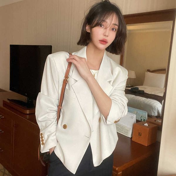 

blazer & suits women's clothing office lady fashion vintage lapel double-breasted blazers jacket short loose long sleeve suit 210610, White;black